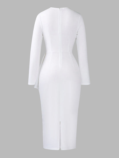Pleated V Neck Long Sleeves Bodycon Midi Dress