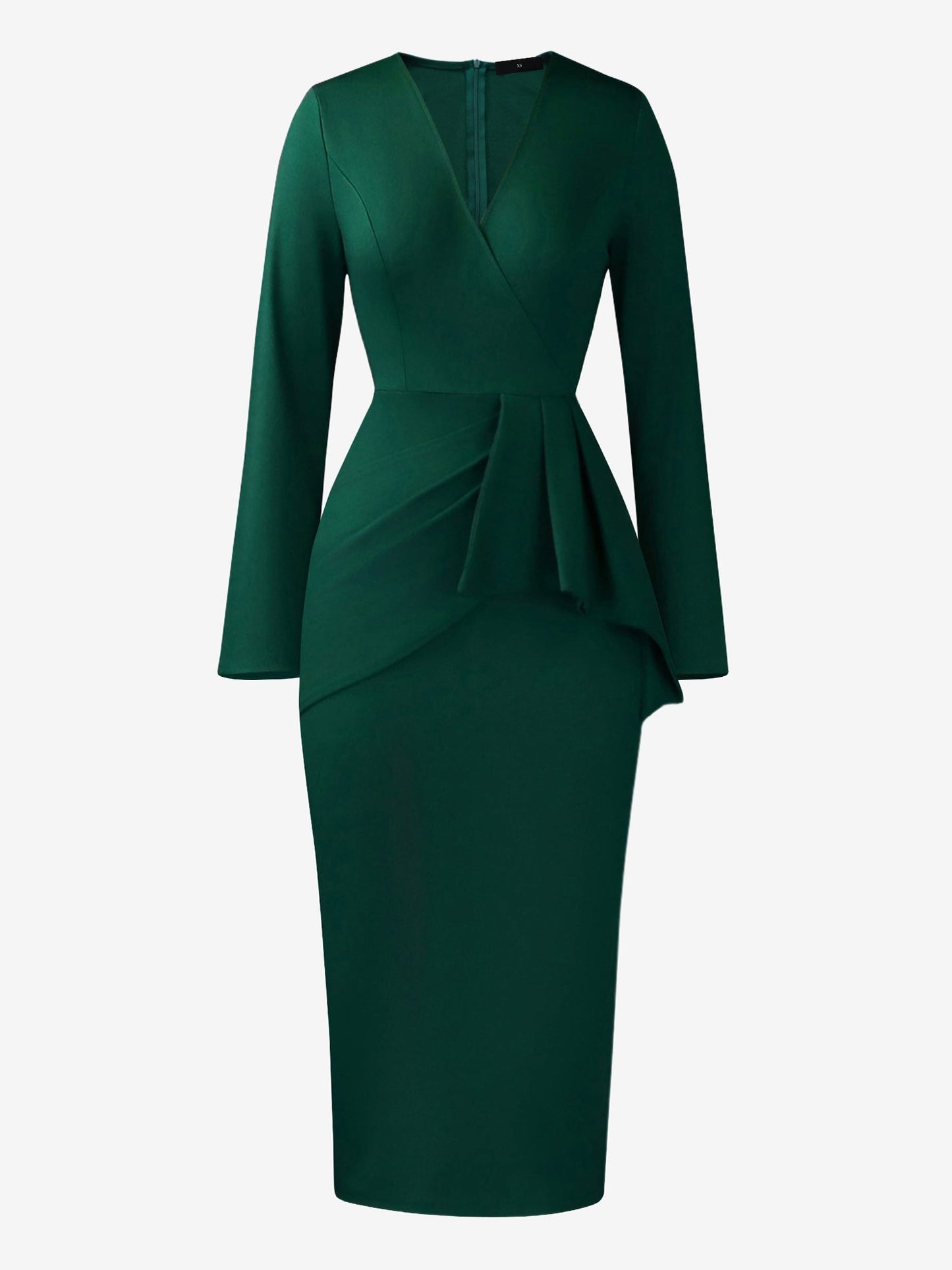 Pleated V Neck Long Sleeves Bodycon Midi Dress