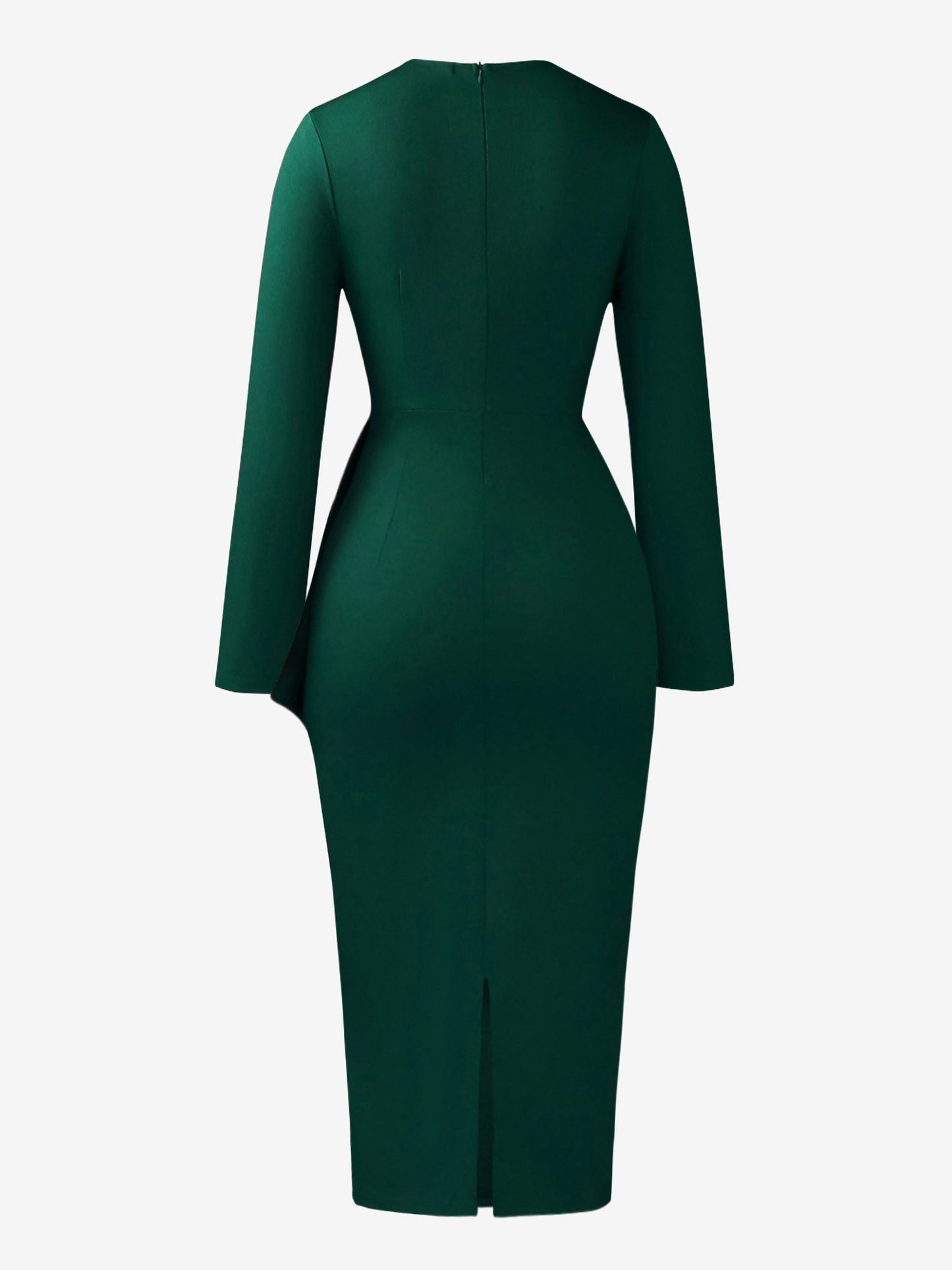 Pleated V Neck Long Sleeves Bodycon Midi Dress