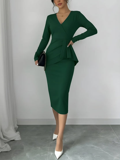 Pleated V Neck Long Sleeves Bodycon Midi Dress