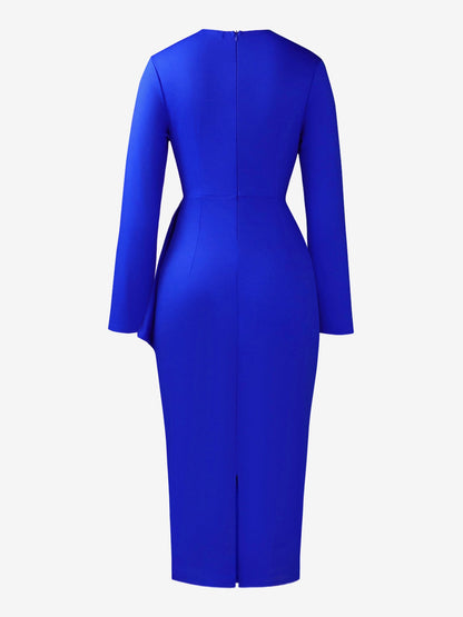 Pleated V Neck Long Sleeves Bodycon Midi Dress