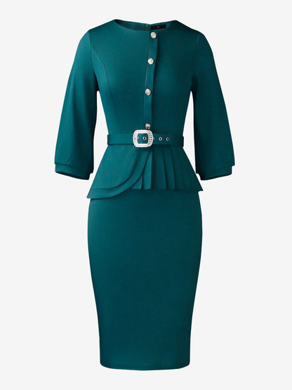 3/4 Puff Sleeves Belted Midi Pleated Sheath Dress