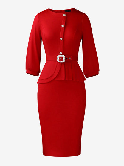 3/4 Puff Sleeves Belted Midi Pleated Sheath Dress