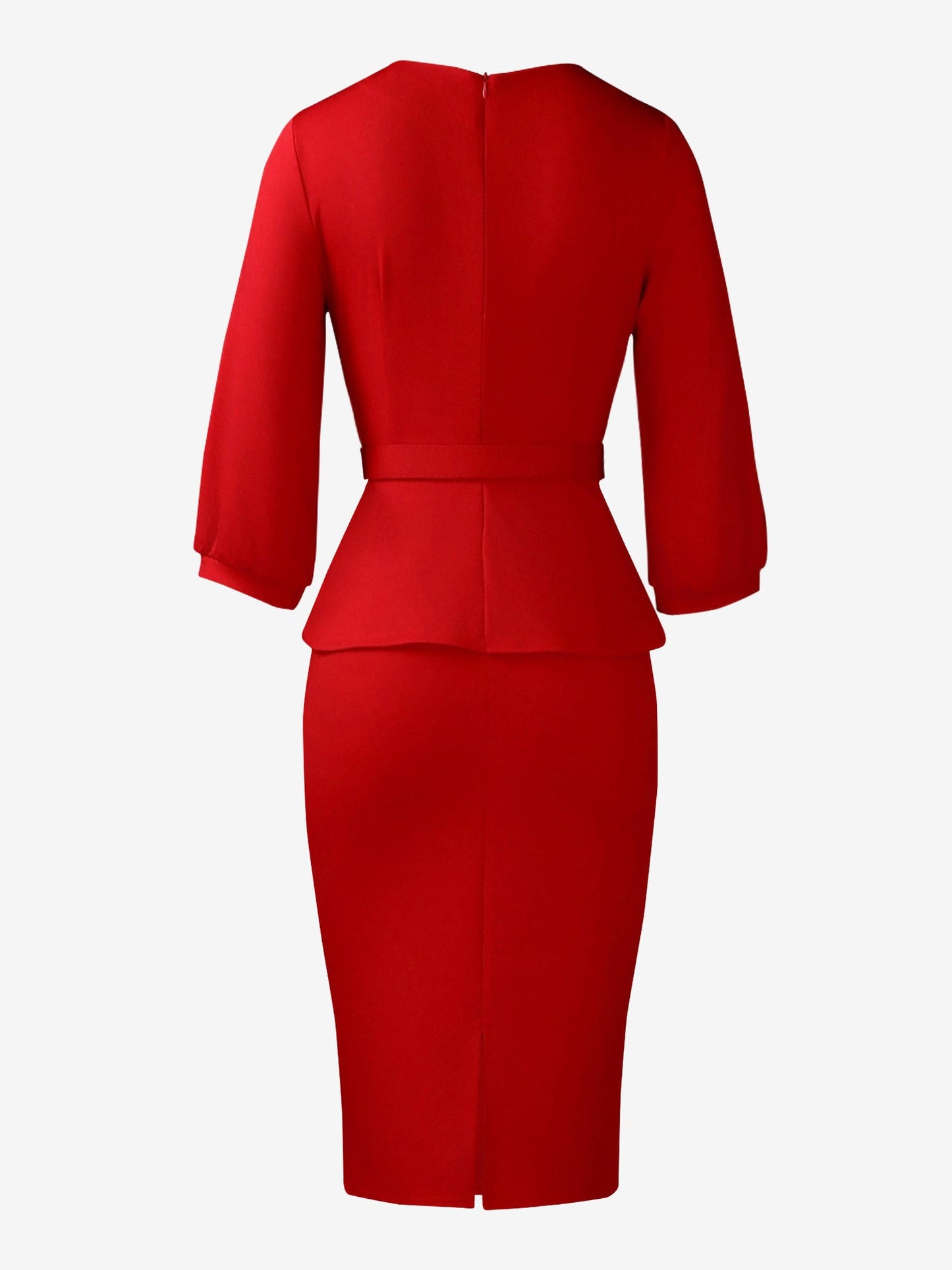 3/4 Puff Sleeves Belted Midi Pleated Sheath Dress