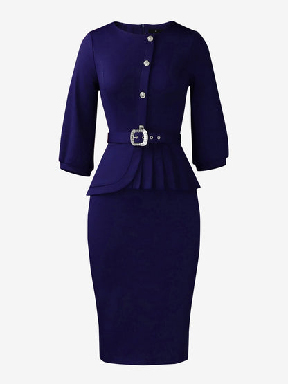 3/4 Puff Sleeves Belted Midi Pleated Sheath Dress