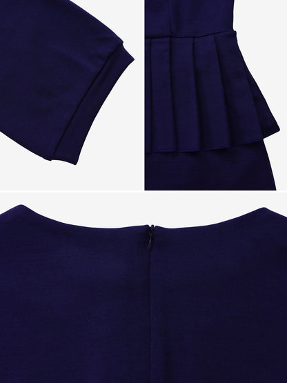 3/4 Puff Sleeves Belted Midi Pleated Sheath Dress