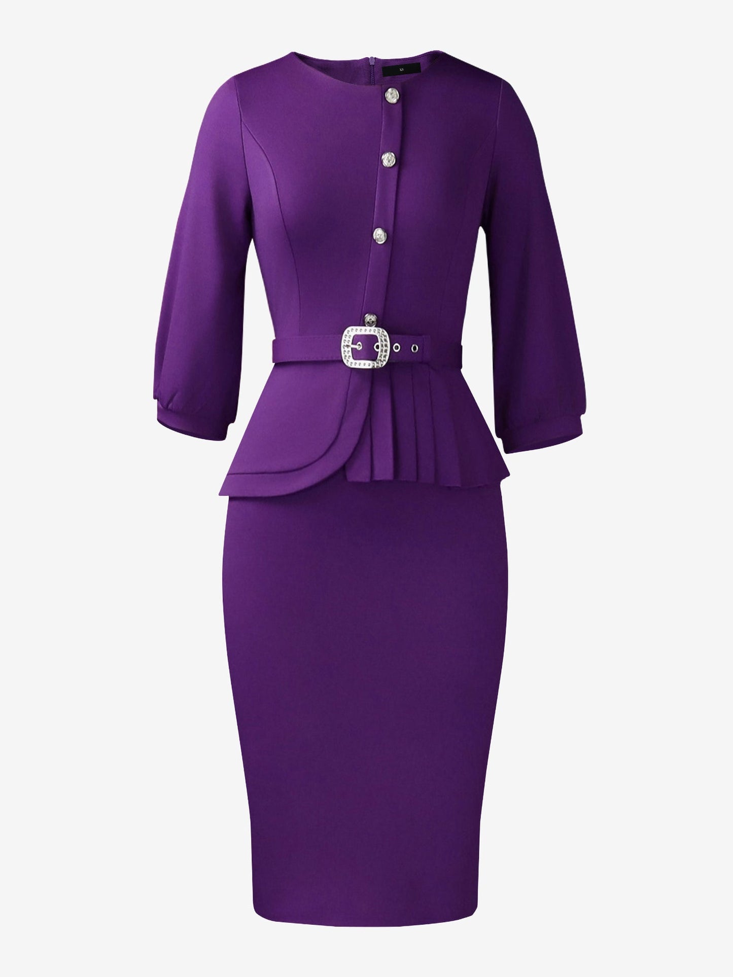 3/4 Puff Sleeves Belted Midi Pleated Sheath Dress