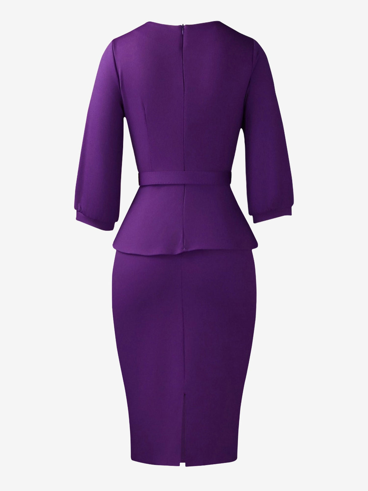 3/4 Puff Sleeves Belted Midi Pleated Sheath Dress