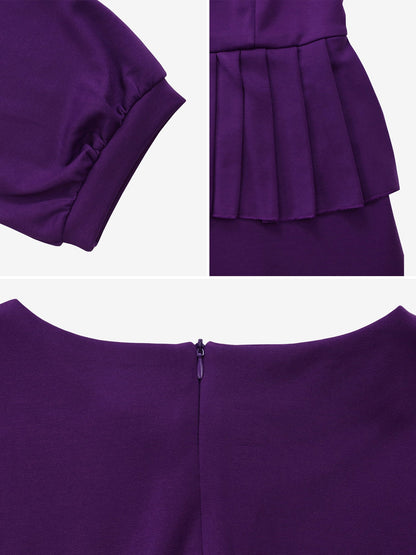 3/4 Puff Sleeves Belted Midi Pleated Sheath Dress
