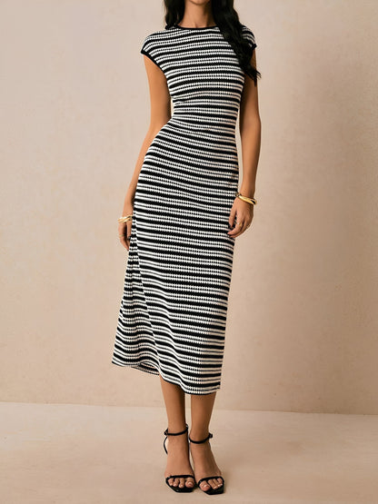 Striped Textured Boat Neck Cap Sleeves Dress