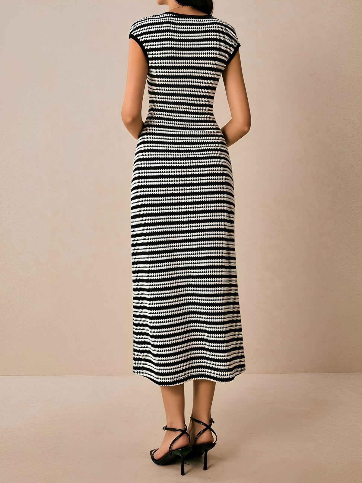 Striped Textured Boat Neck Cap Sleeves Dress