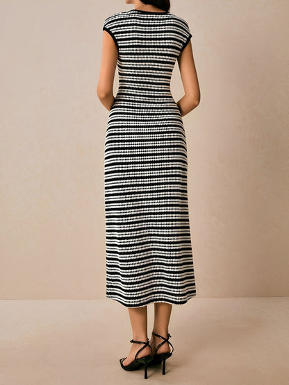 Striped Textured Boat Neck Cap Sleeves Dress