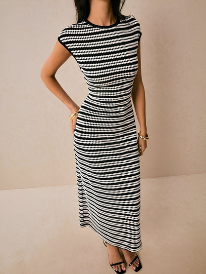 Striped Textured Boat Neck Cap Sleeves Dress