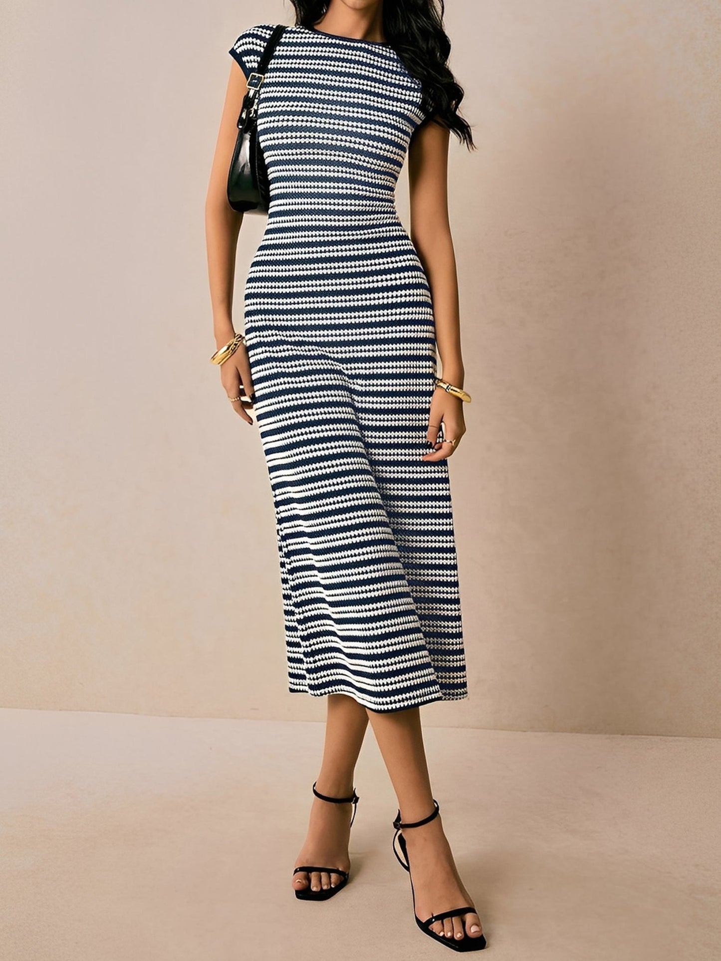 Striped Textured Boat Neck Cap Sleeves Dress