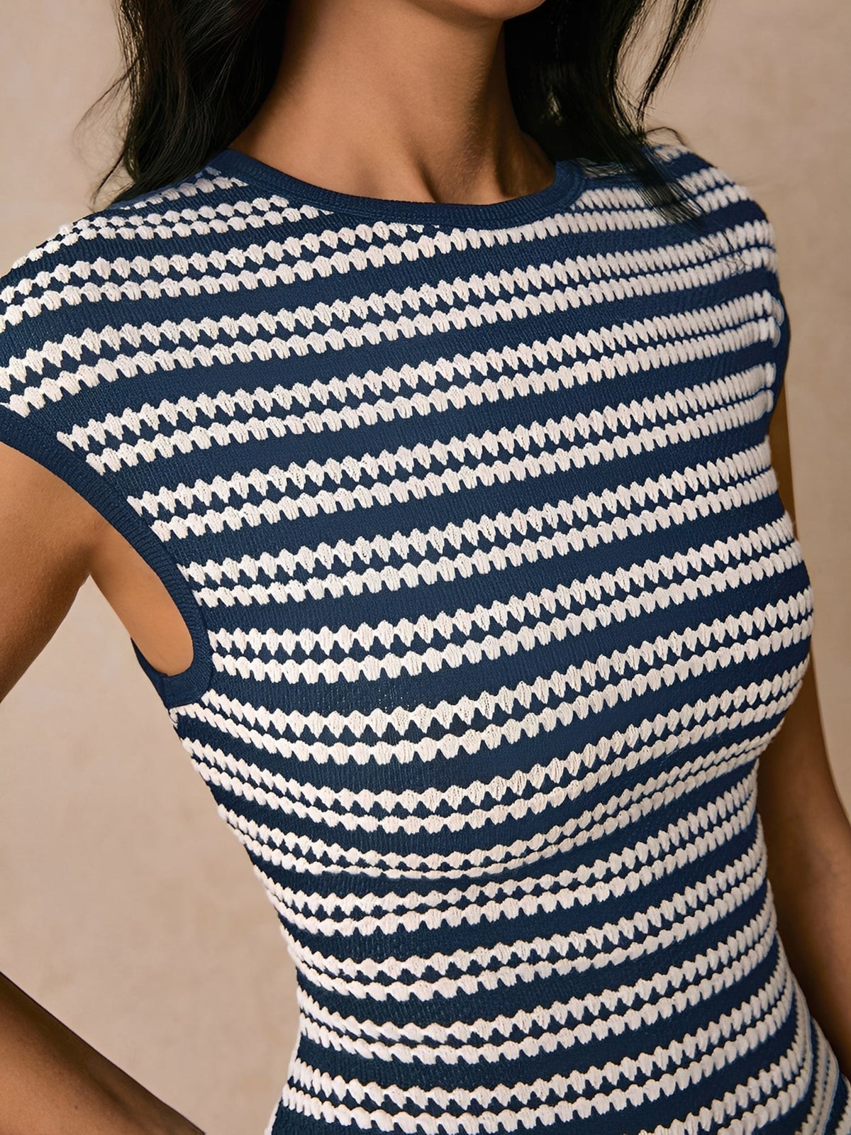 Striped Textured Boat Neck Cap Sleeves Dress