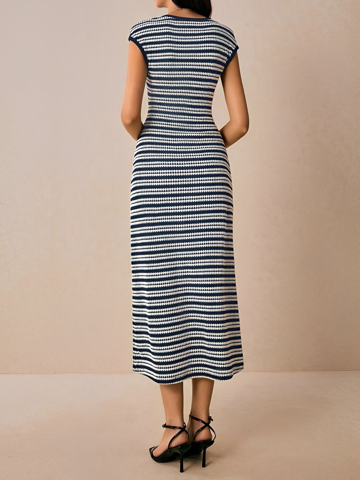 Striped Textured Boat Neck Cap Sleeves Dress
