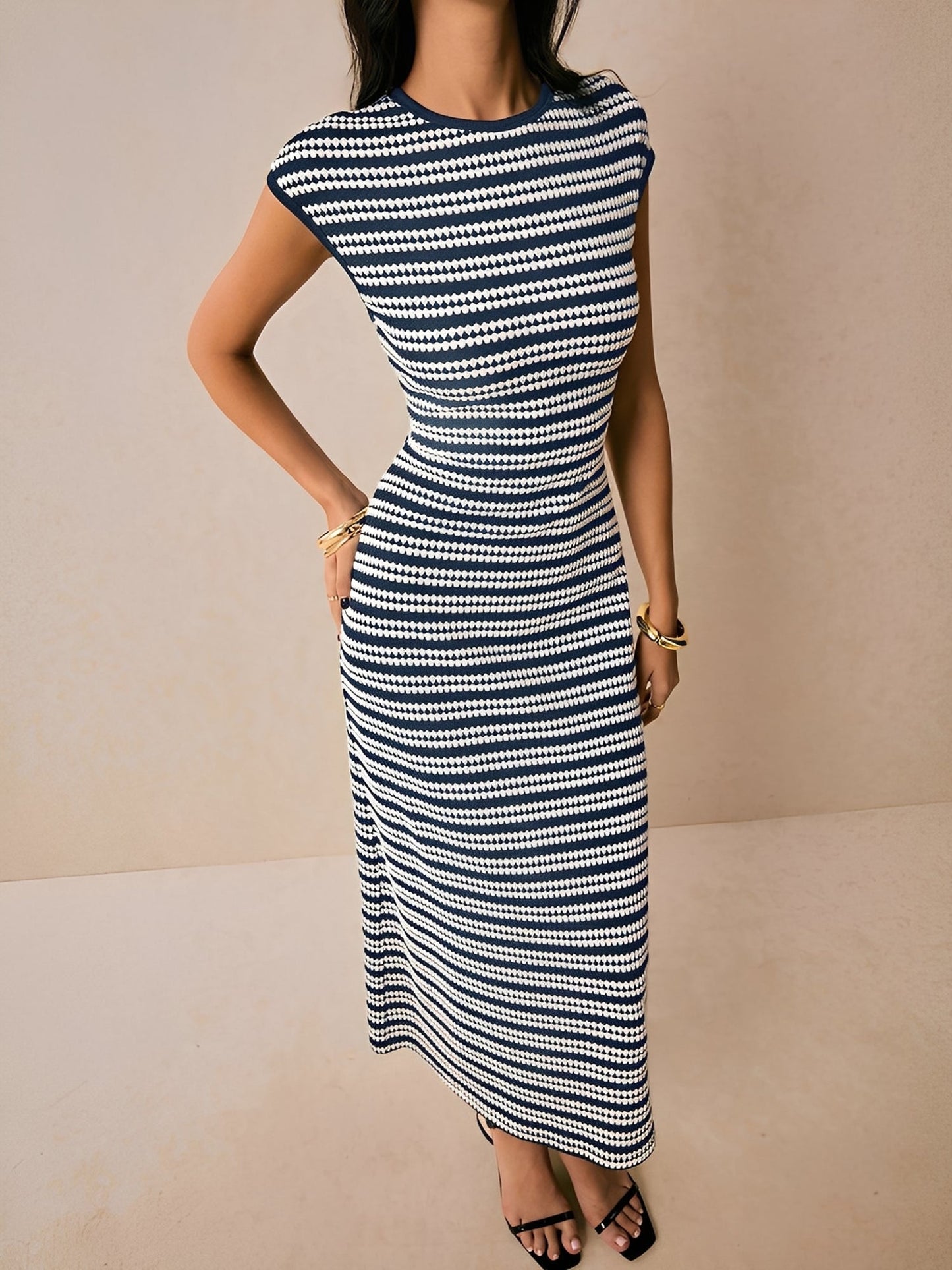 Striped Textured Boat Neck Cap Sleeves Dress