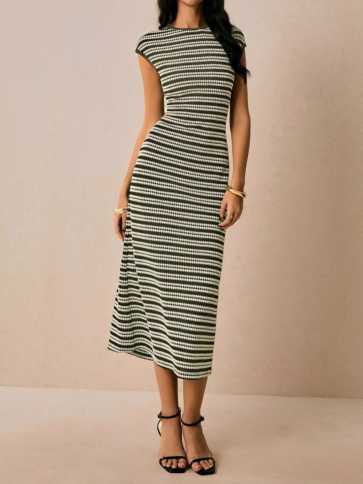 Striped Textured Boat Neck Cap Sleeves Dress