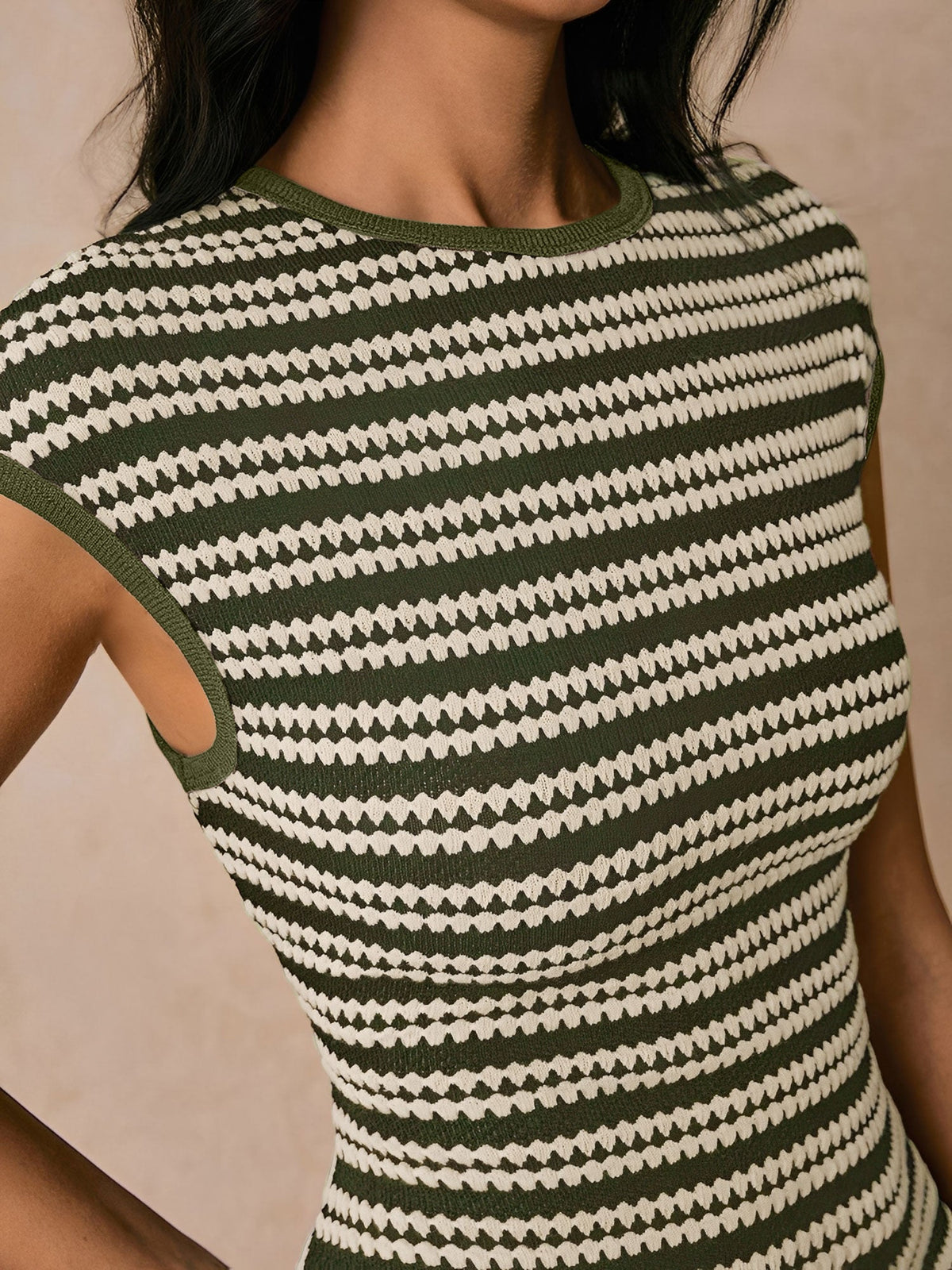 Striped Textured Boat Neck Cap Sleeves Dress