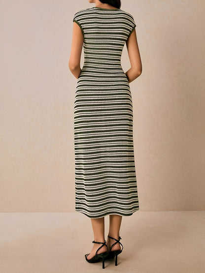 Striped Textured Boat Neck Cap Sleeves Dress