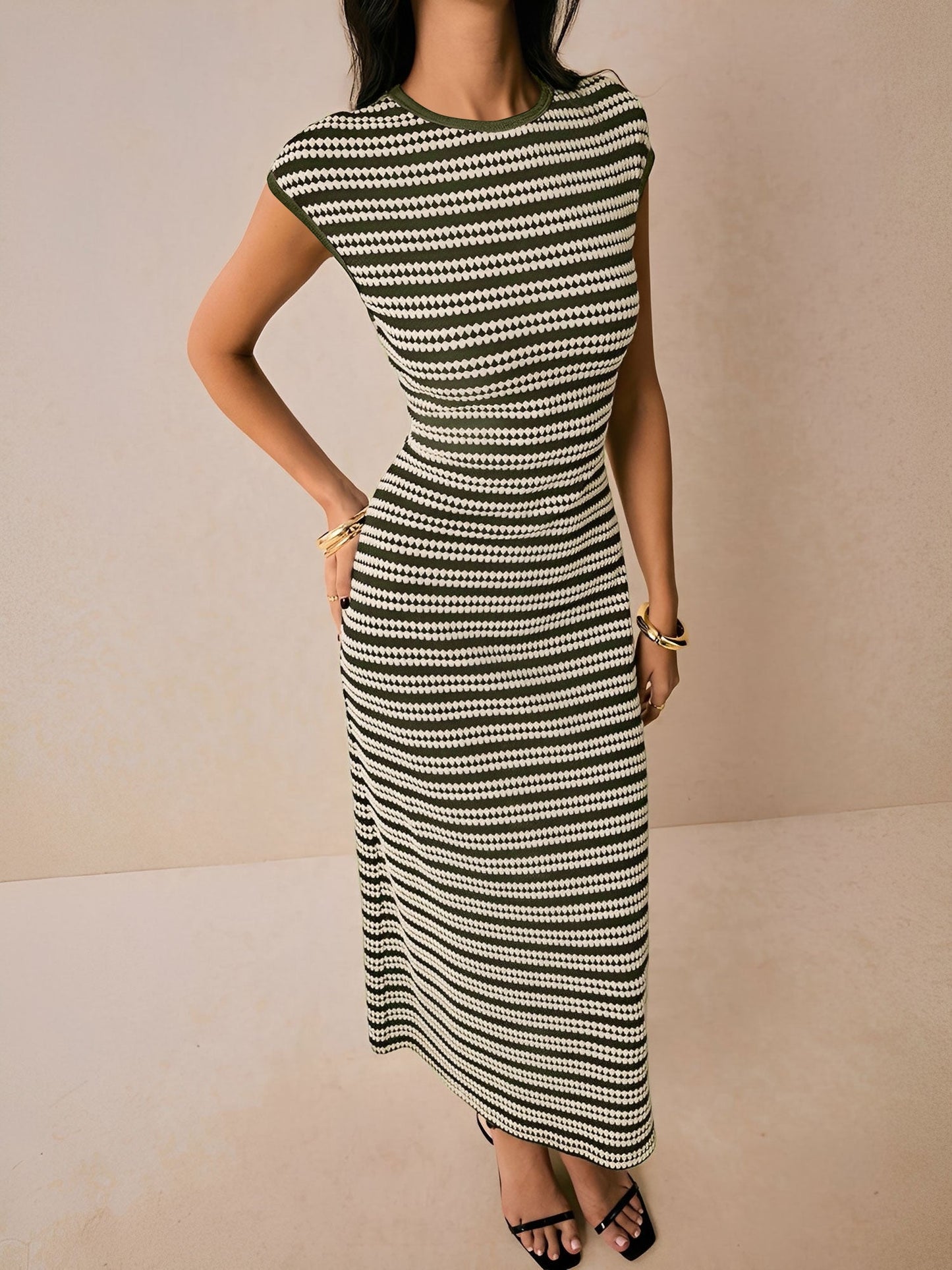 Striped Textured Boat Neck Cap Sleeves Dress