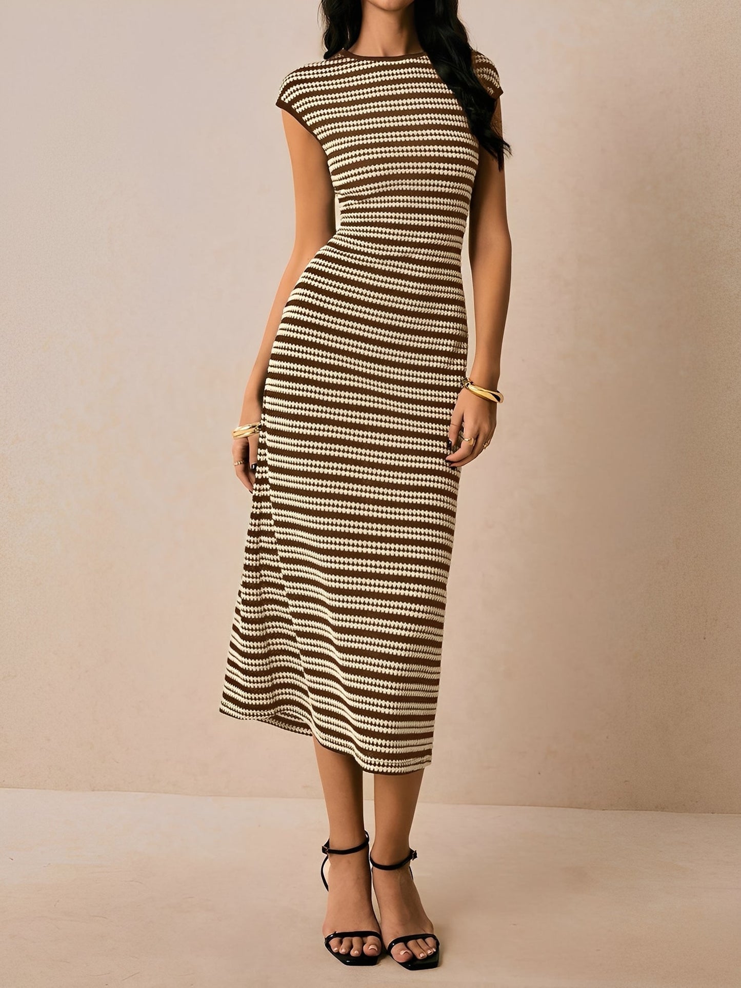Striped Textured Boat Neck Cap Sleeves Dress