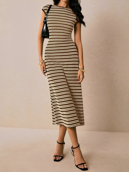 Striped Textured Boat Neck Cap Sleeves Dress