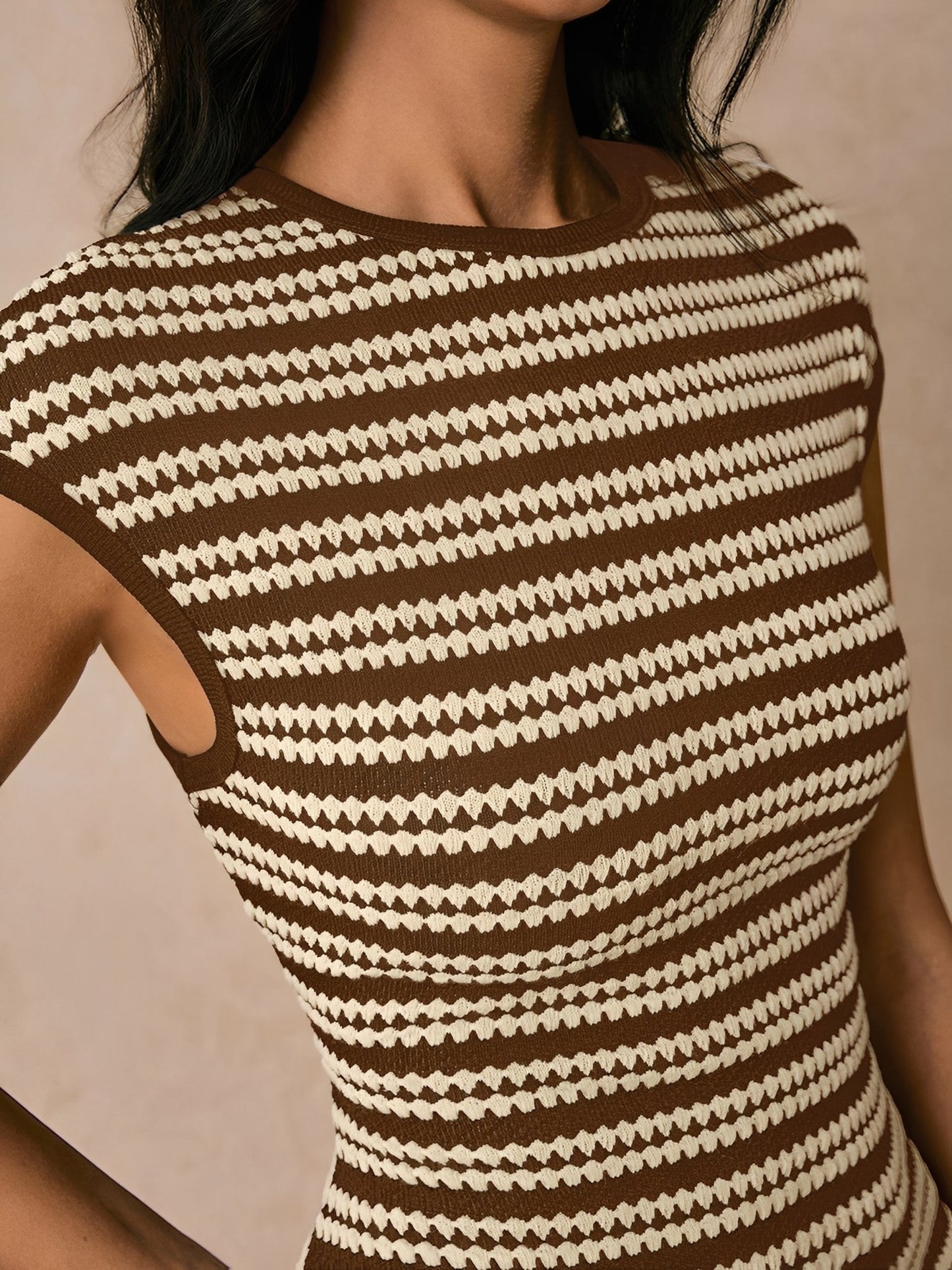 Striped Textured Boat Neck Cap Sleeves Dress