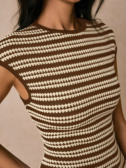 Striped Textured Boat Neck Cap Sleeves Dress