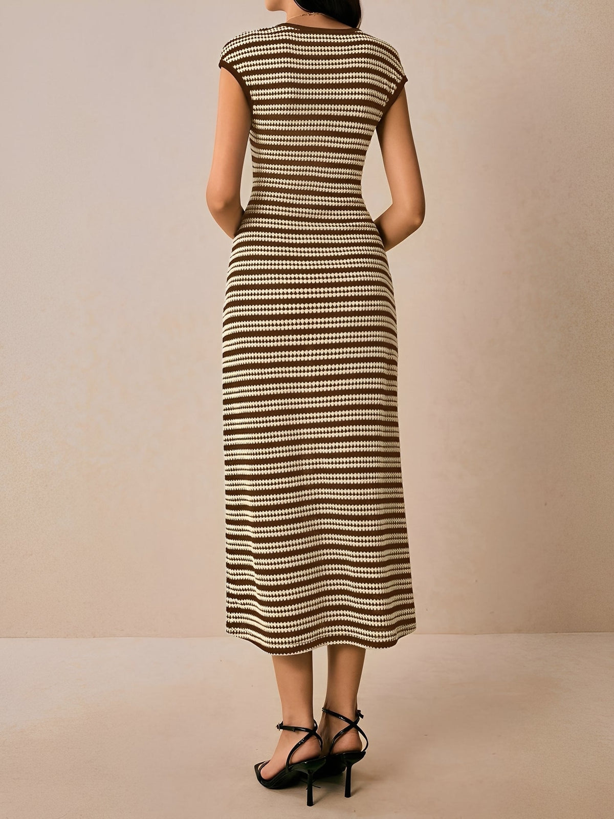 Striped Textured Boat Neck Cap Sleeves Dress