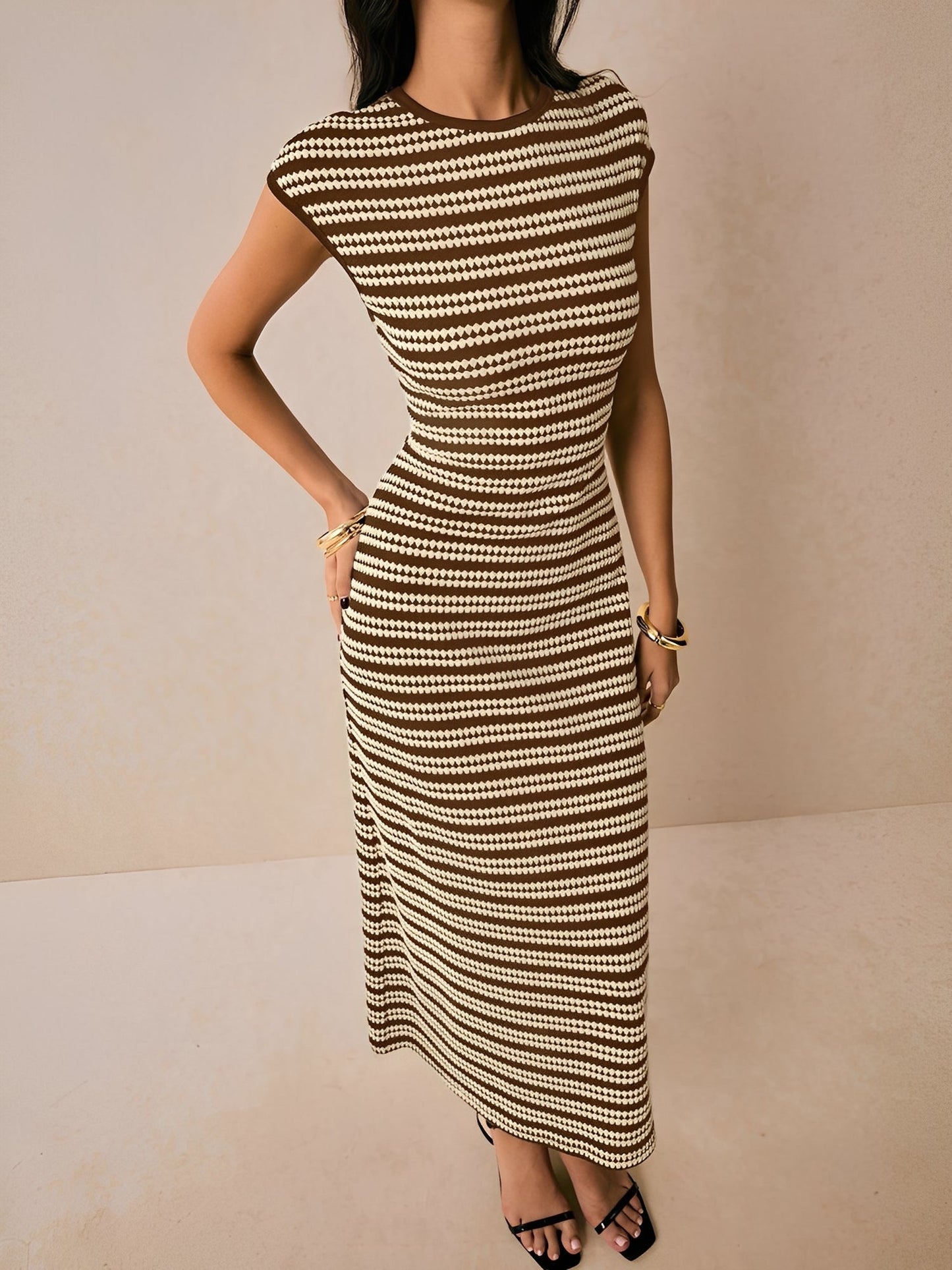 Striped Textured Boat Neck Cap Sleeves Dress