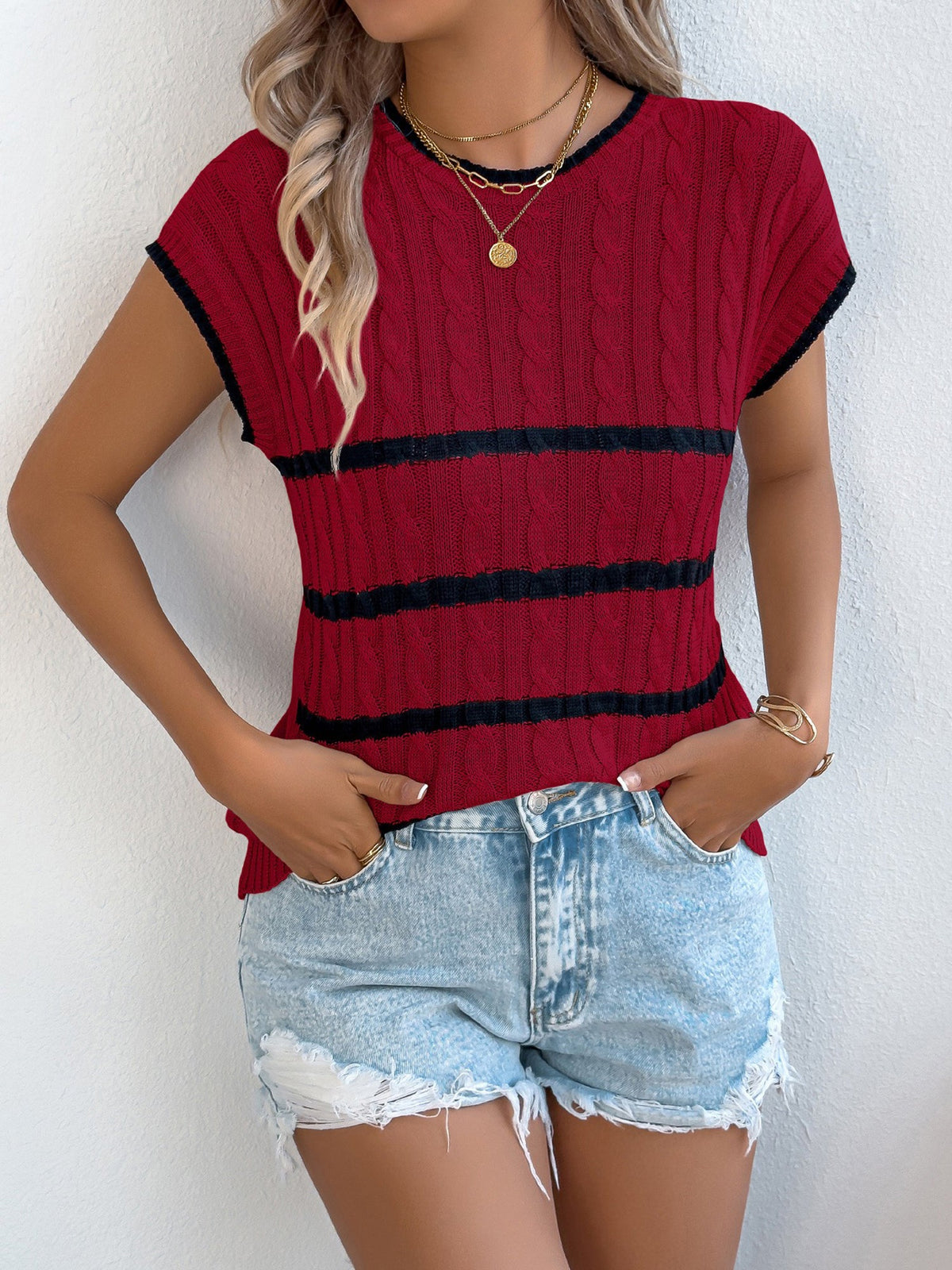 Colorblock Striped Cable Knit Casual Knit Top
