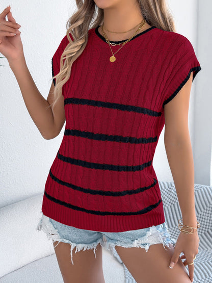 Colorblock Striped Cable Knit Casual Knit Top