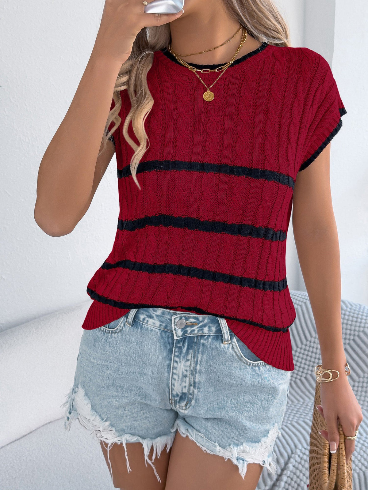 Colorblock Striped Cable Knit Casual Knit Top