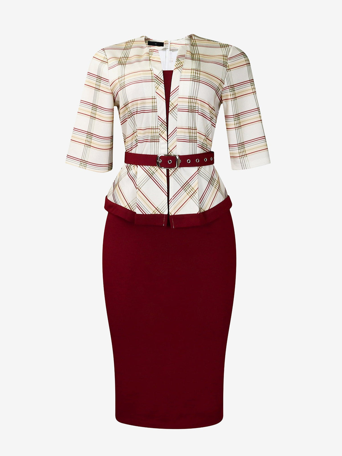 Work Patchwork 3/4 Sleeves Plaid Midi Sheath Dress