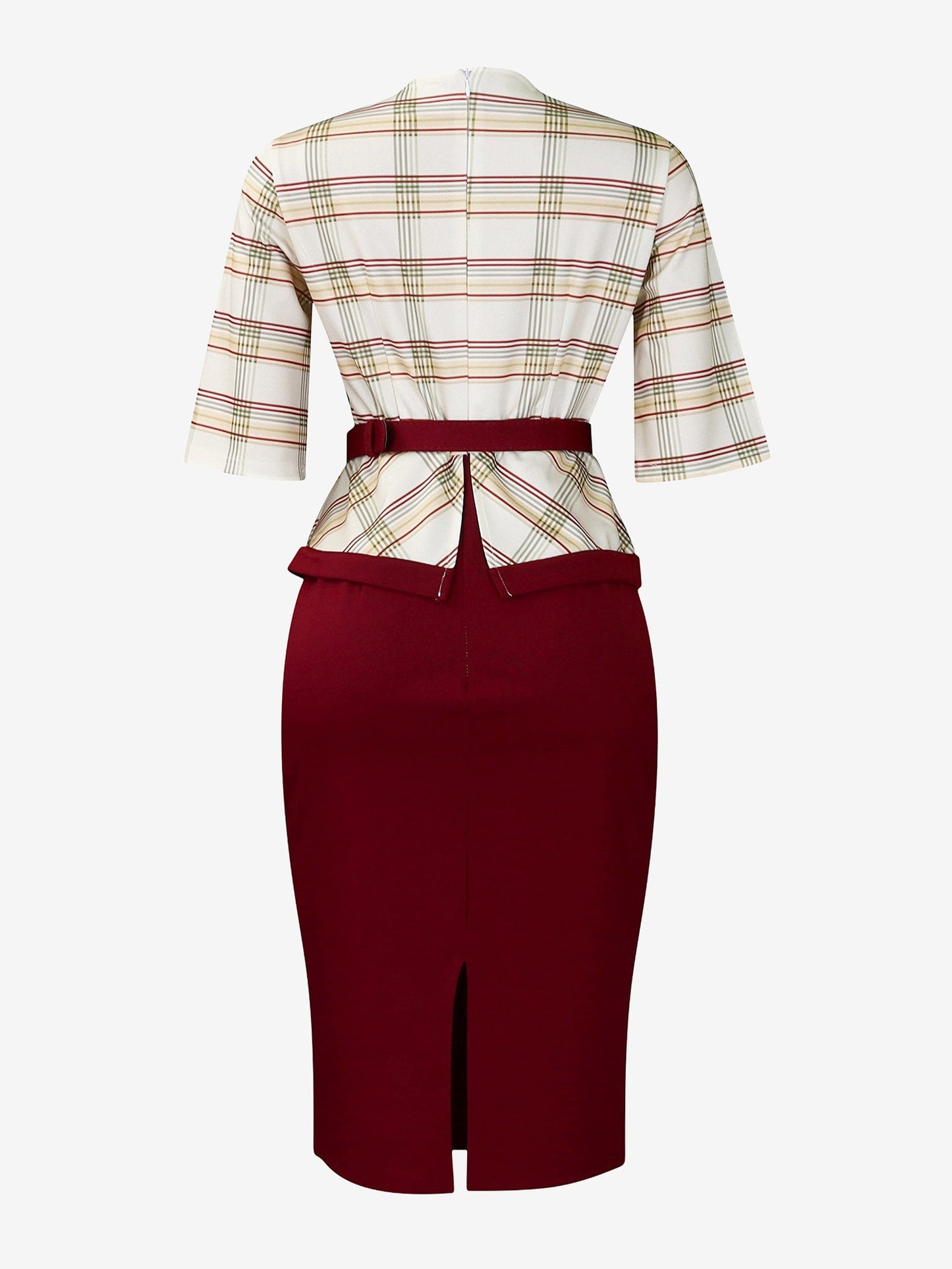 Work Patchwork 3/4 Sleeves Plaid Midi Sheath Dress