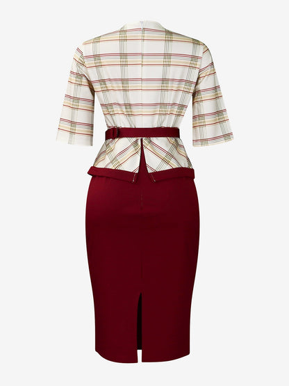 Work Patchwork 3/4 Sleeves Plaid Midi Sheath Dress
