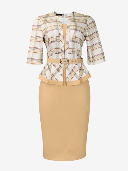 Work Patchwork 3/4 Sleeves Plaid Midi Sheath Dress