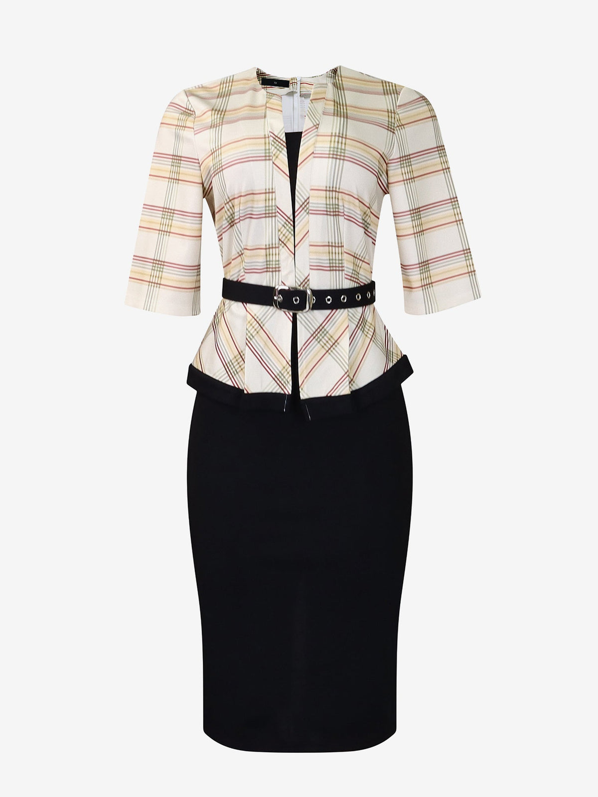 Work Patchwork 3/4 Sleeves Plaid Midi Sheath Dress