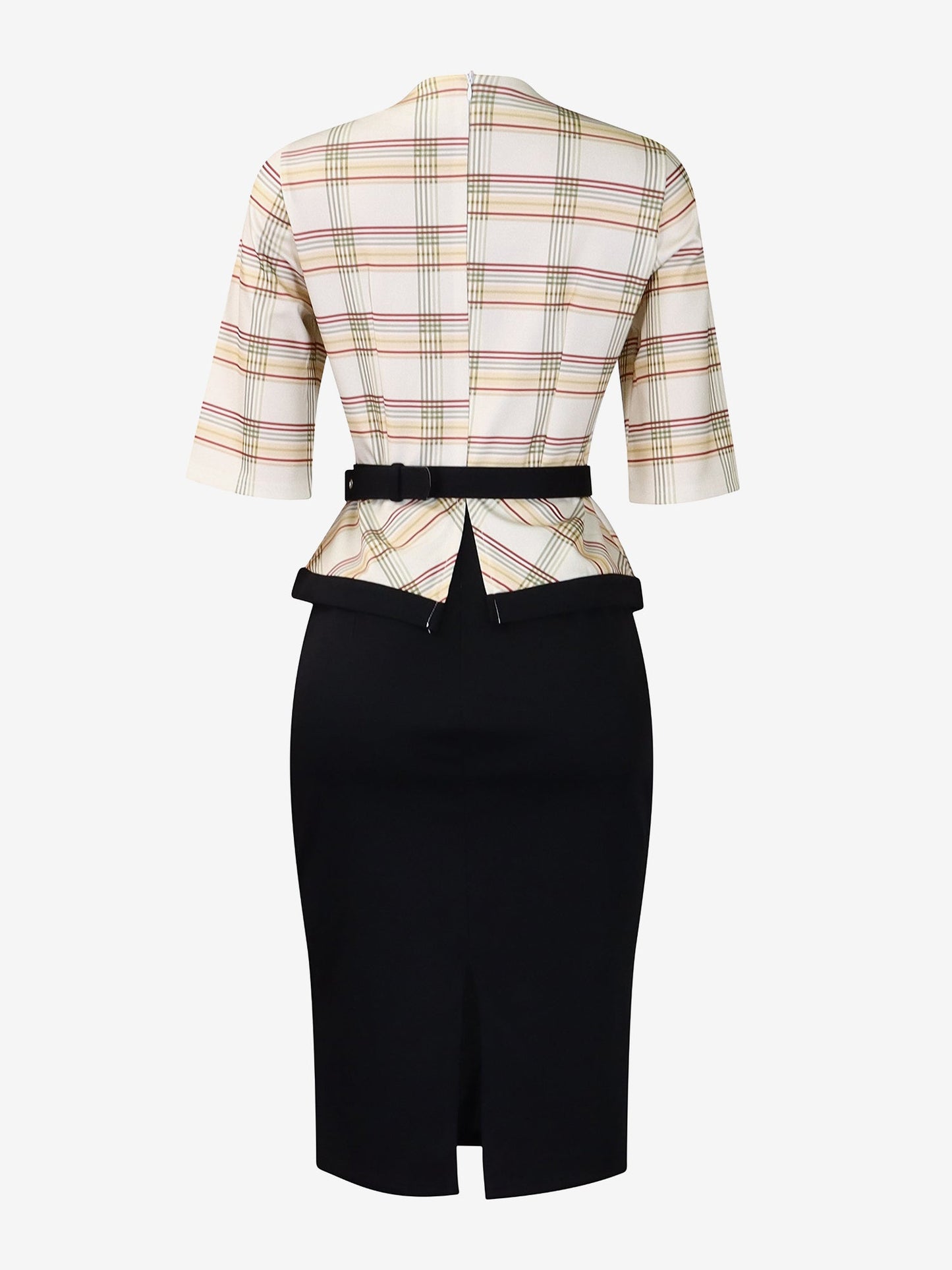 Work Patchwork 3/4 Sleeves Plaid Midi Sheath Dress