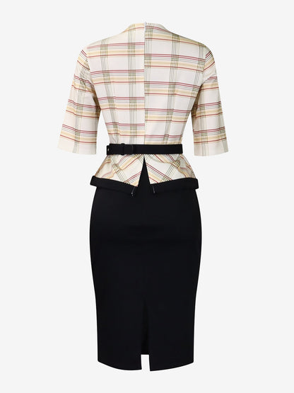 Work Patchwork 3/4 Sleeves Plaid Midi Sheath Dress