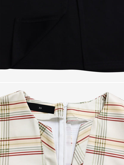 Work Patchwork 3/4 Sleeves Plaid Midi Sheath Dress