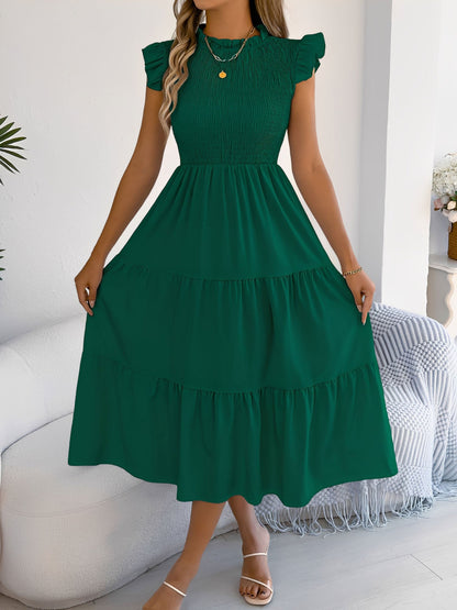 Ruffled Cap Sleeve Smocked Tiered A-Line Dress