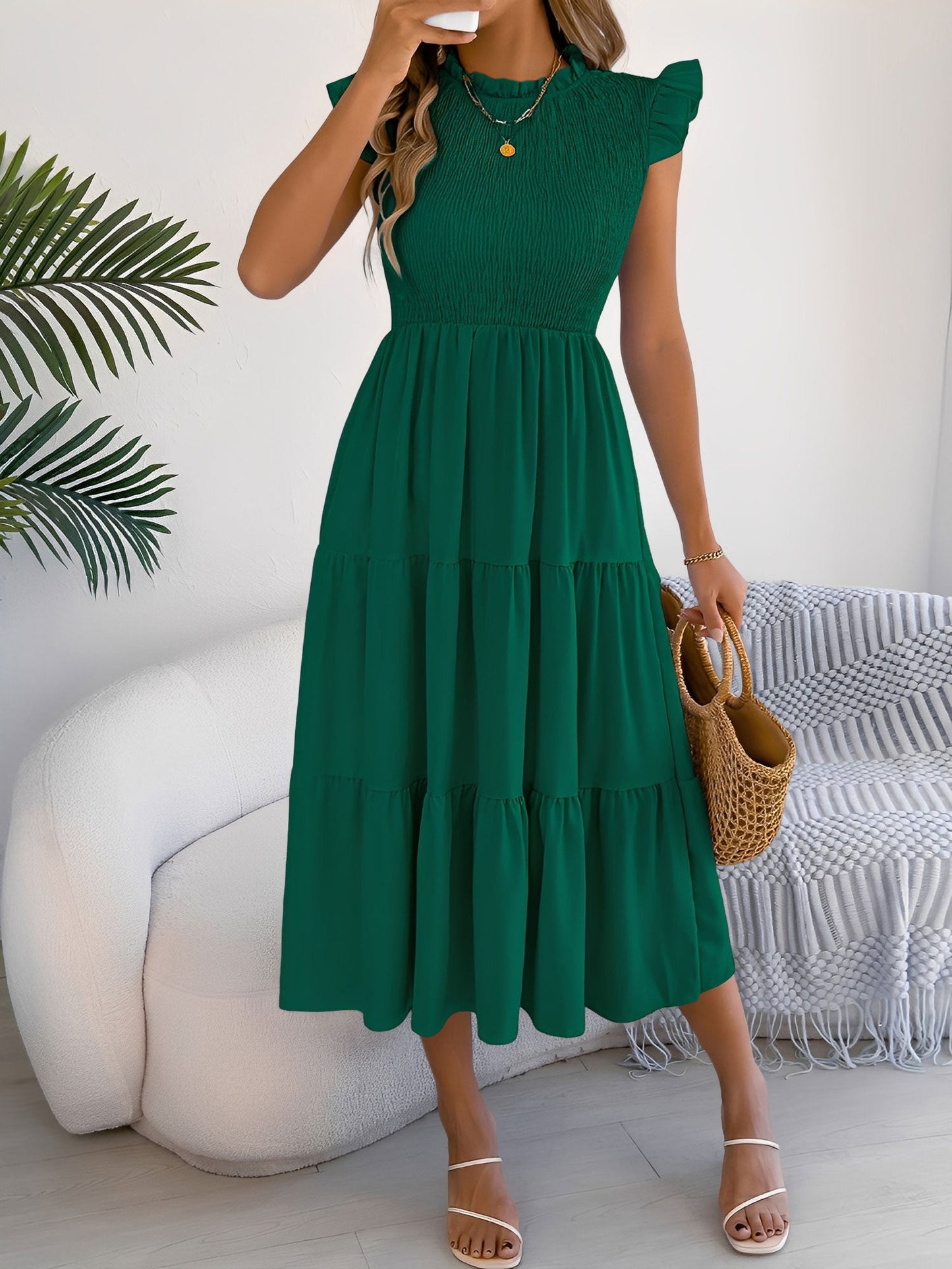 Ruffled Cap Sleeve Smocked Tiered A-Line Dress
