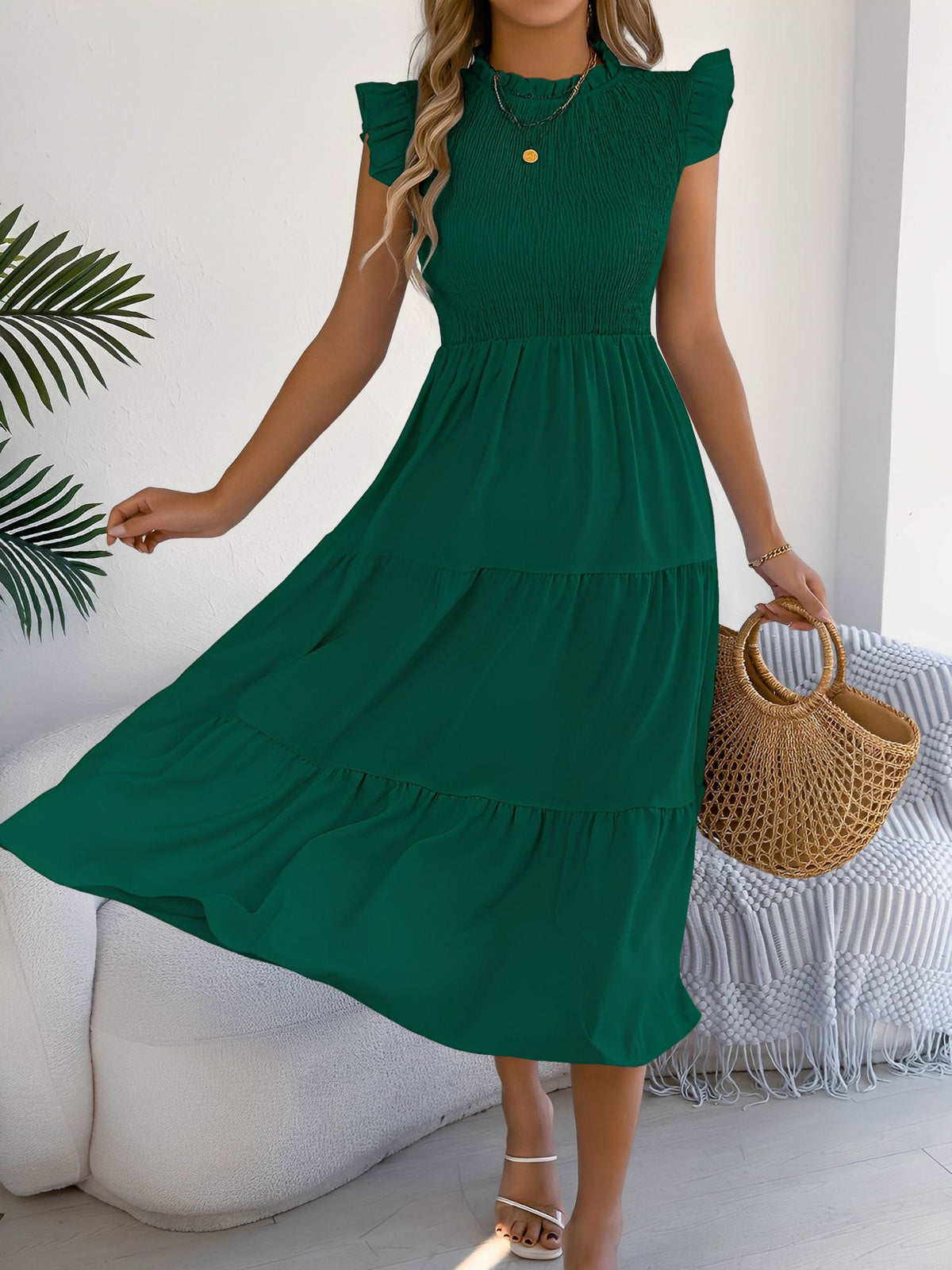 Ruffled Cap Sleeve Smocked Tiered A-Line Dress