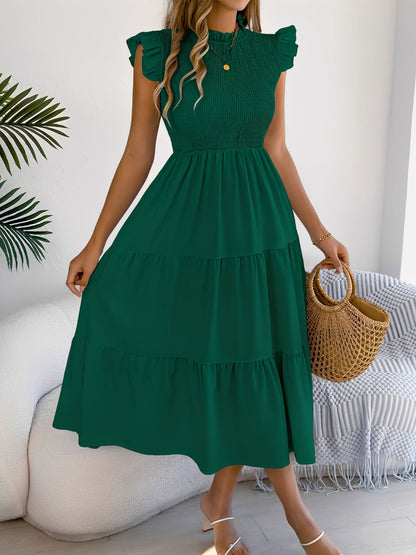 Ruffled Cap Sleeve Smocked Tiered A-Line Dress