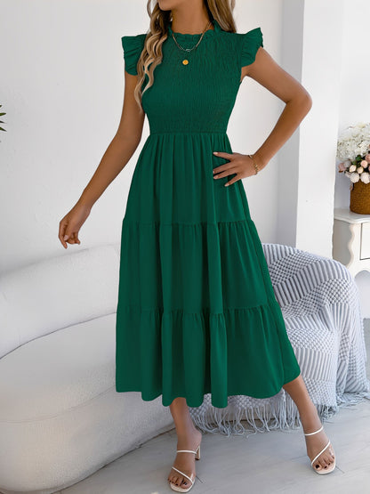 Ruffled Cap Sleeve Smocked Tiered A-Line Dress