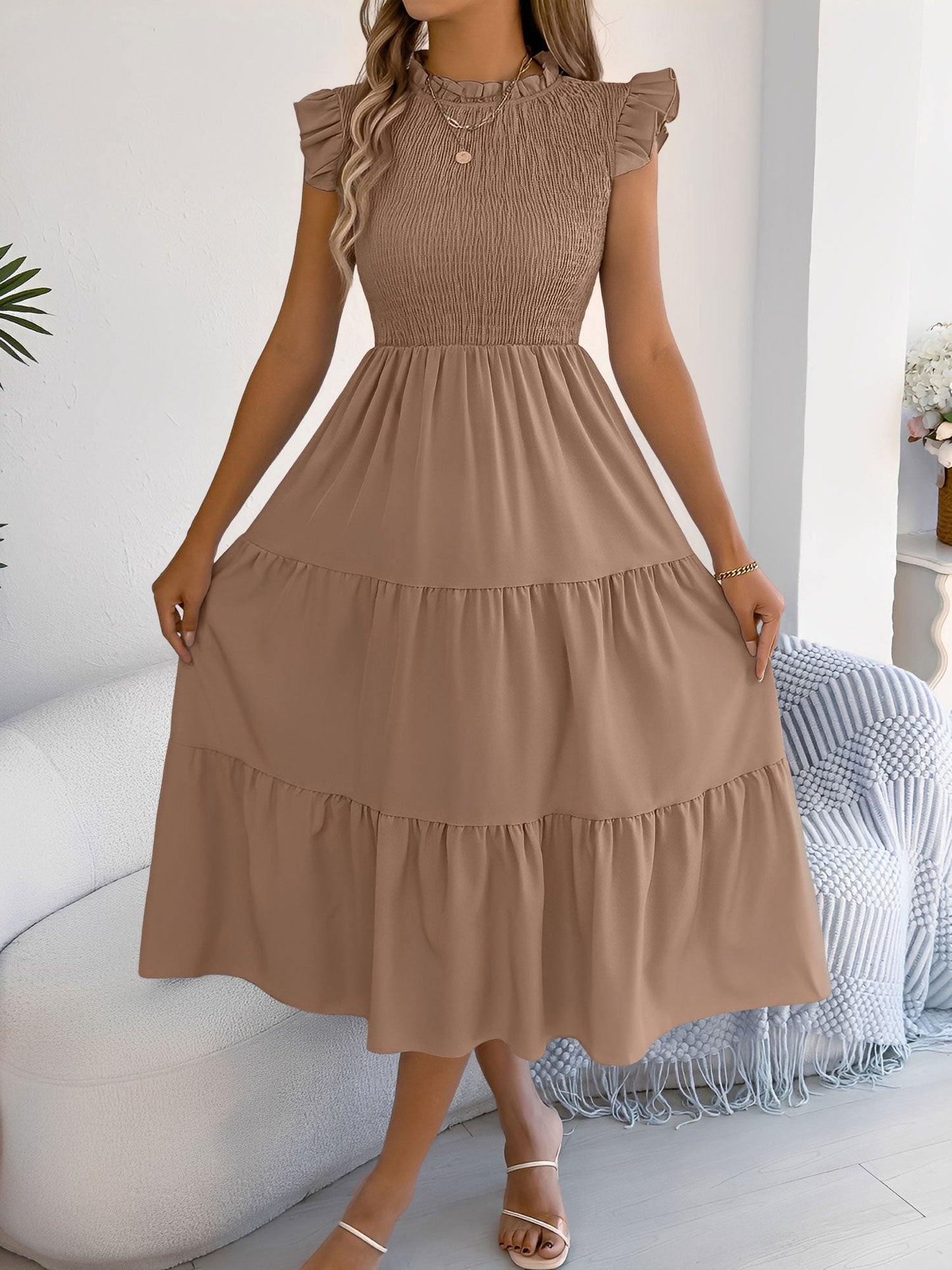 Ruffled Cap Sleeve Smocked Tiered A-Line Dress