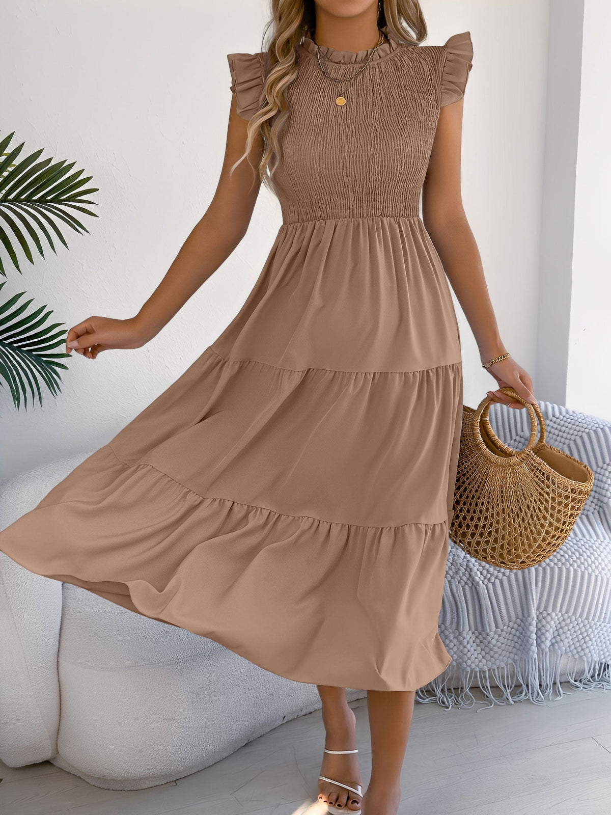 Ruffled Cap Sleeve Smocked Tiered A-Line Dress