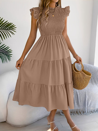 Ruffled Cap Sleeve Smocked Tiered A-Line Dress